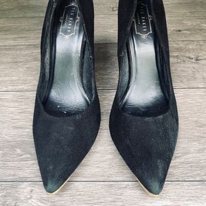 Ted Baker London Black Suede Neevo Stiletto Heels With Gold Accents